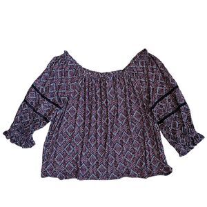 Lane Bryant Peasant Blouse Top 22/24 Burgundy Floral Off Shoulder Boho Cottage